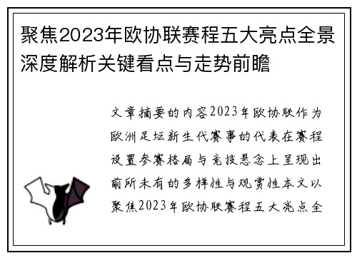 聚焦2023年欧协联赛程五大亮点全景深度解析关键看点与走势前瞻 聚焦2023年欧协联赛程五大亮点全景深度解析关键看点与走势前瞻